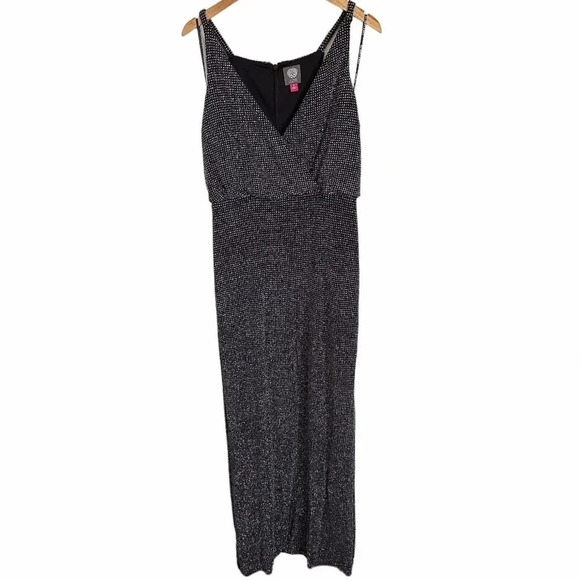 Vince Camuto Evening long metallic black dress v-neck size 12 - Picture 1 of 8